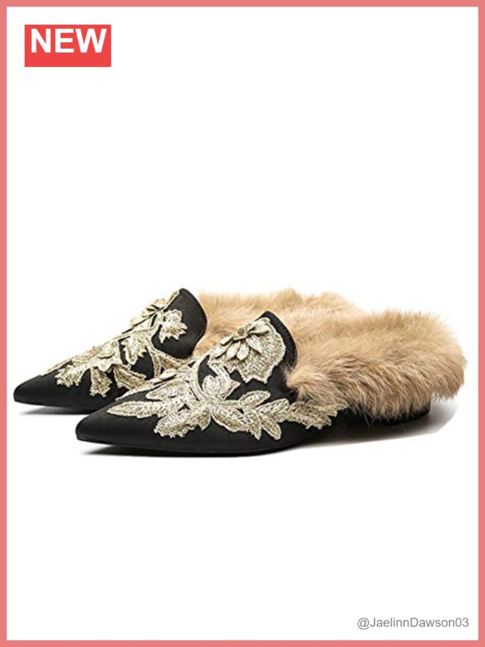 Women's Furry Mule Slippers with Plush Lamb Fur Lining, Embroidered Velvet,